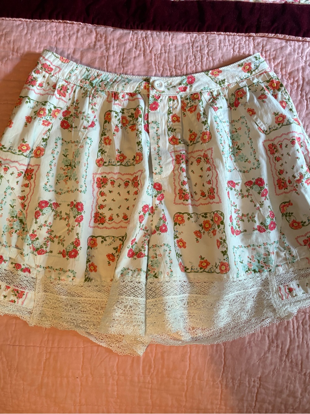 Free People Floral Lace-Trim Skirt in Cream, Pink and Green